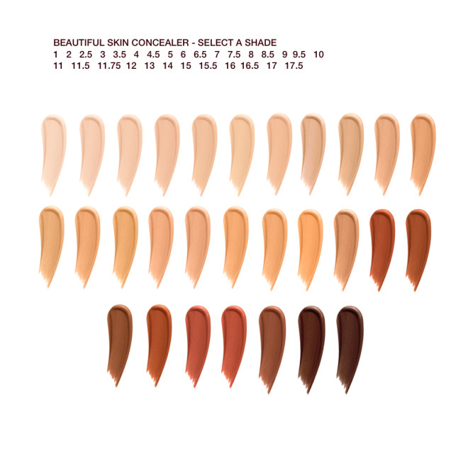 Swatches of twenty-nine, liquid concealers in shades ranging from ivory, beige, and peach to light, medium, and dark brown for fair, light, medium-light, medium, medium-dark, and deep skin tones. 