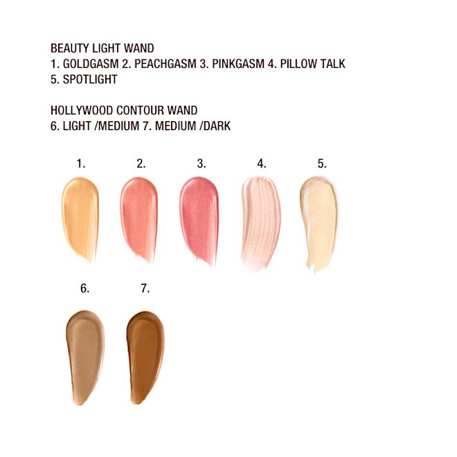 Hollywood Glow contour Kit swatches Swatches of fiver liquid highlighters and liquid highlighter blushes in shades of pink and gold and tow liquid contours in shades of brown.