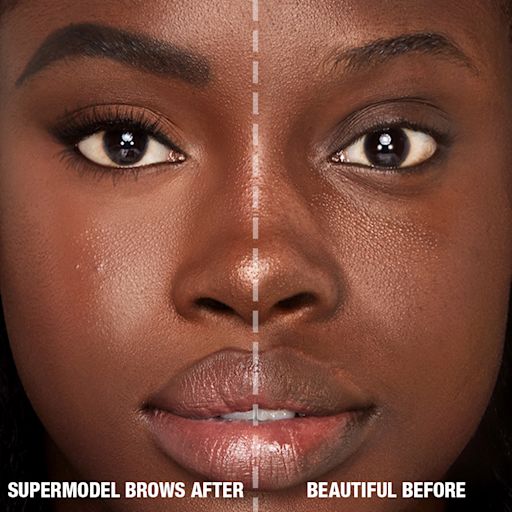 Brow Cheat in Natural Black before and after on deep-tone model with brown eyes Before and after of a deep-tone model with brown eyes with bare brows on one side and thick, filled, and lined eyebrows on the other side after applying a natural-black-coloured eyebrow pencil.