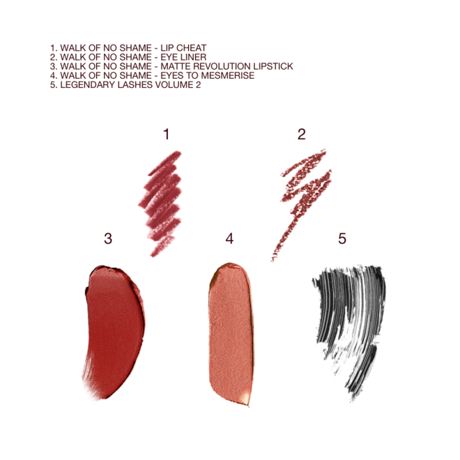 Walk of No Shame Eye Lip Icons swatches Swatches of a lip liner in berry red, eyeliner pencil in berry rose, matte lipstick in berry rose, cream eyeshadow in russet rose with gold sparkle, and black mascara.