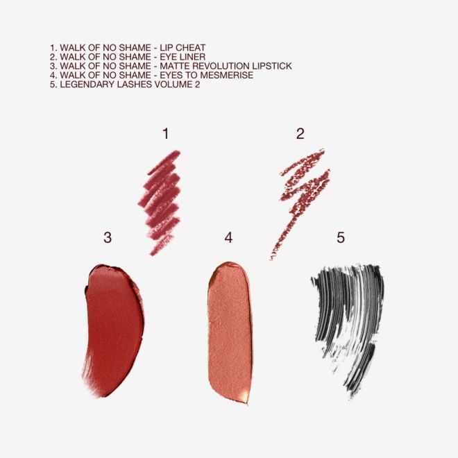 Walk of No Shame Eye Lip Icons swatches Swatches of a lip liner in berry red, eyeliner pencil in berry rose, matte lipstick in berry rose, cream eyeshadow in russet rose with gold sparkle, and black mascara.