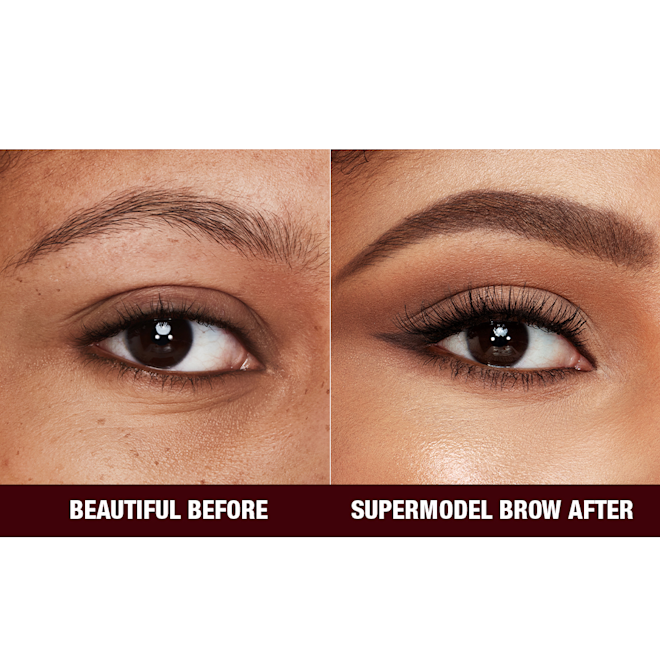 Brow Cheat in Dark Brown before and after on medium-tone model with brown eyes close-up Close-up before and after of a medium-tone model with brown eyes with bare brows on one side and thick, filled, and lined eyebrows on the other side after applying a dark-brown-coloured eyebrow pencil.