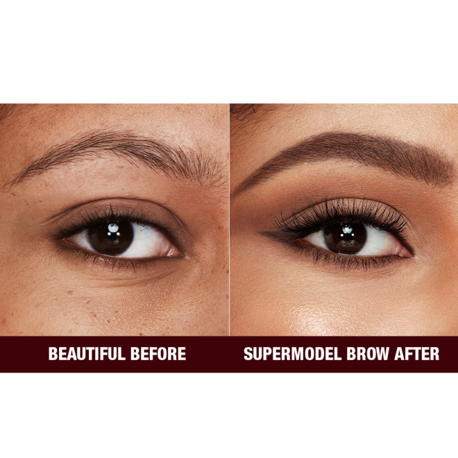 Close-up before and after of a medium-tone model with brown eyes with bare brows on one side and thick, filled, and lined eyebrows on the other side after applying a dark-brown-coloured eyebrow pencil.
