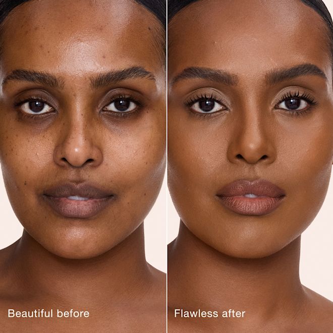 Airbrush Flawless Concealer - 12.5 Tan-Deep before and after Side-by-side comparison showing skin before and after applying Charlotte Tilbury Airbrush Flawless Concealer, with text labels 'Beautiful before' and 'Flawless after'.