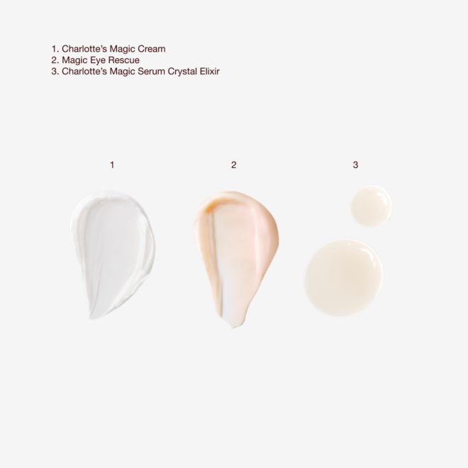 Magic Cream +Magic Serum + Magic Eye Rescue - Texture swatch Magic Cream +Magic Serum + Magic Eye Rescue - Texture swatch
