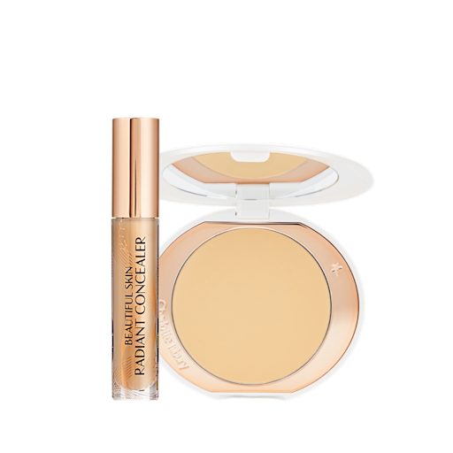 Beautiful Skin, Brighten, Lift Effect Kit displayed Concealer in a glass tube with a gold-coloured lid and a pressed powder in a banana yellow shade in a white-coloured compact.