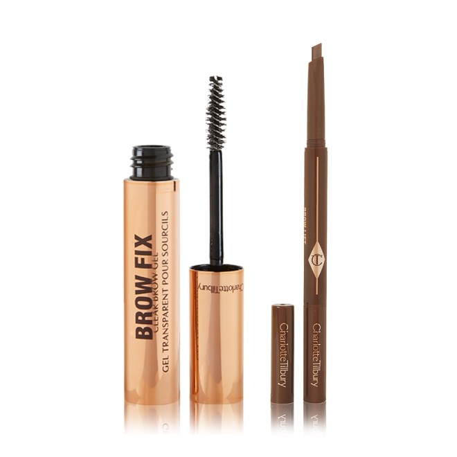 Eyebrow gel in a gold-coloured tube with an eyebrow pencil in brown shade.