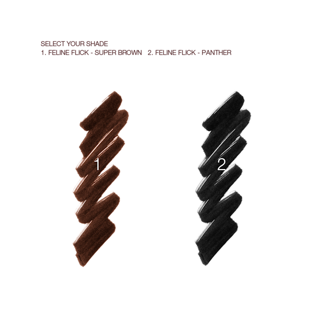 Feline Flick swatches Swatches of two eyeliner pens in dark brown and black.
