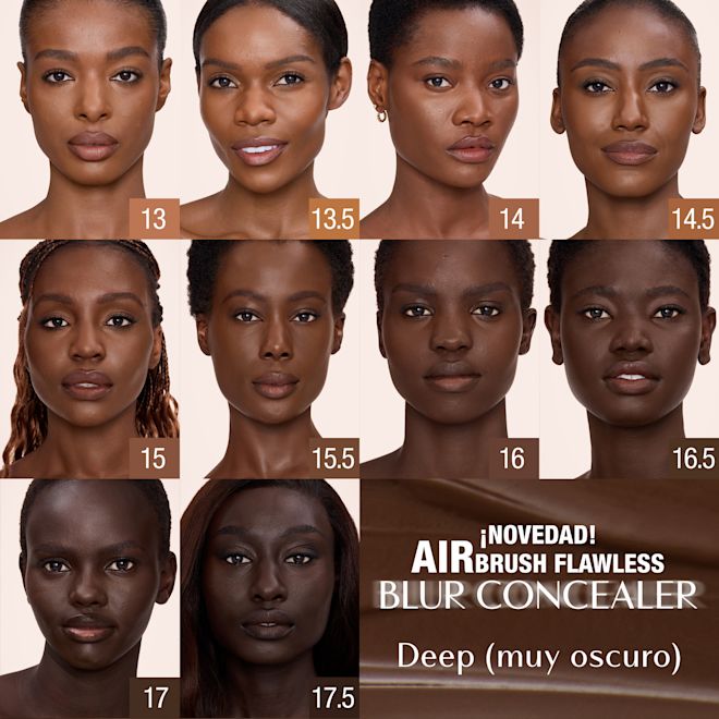 Airbrush Flawless Concealer - Familia de tonos oscuros Carta de tonos de Airbrush Flawless Blur Concealer de Charlotte Tilbury para tonos oscuros, que muestra ocho tonos etiquetados como 13, 13.5, 14, 14.5, 15, 15.5, 16, 16.5, 17 y 17.5 con el nombre del producto y el texto de categoría «Deep».