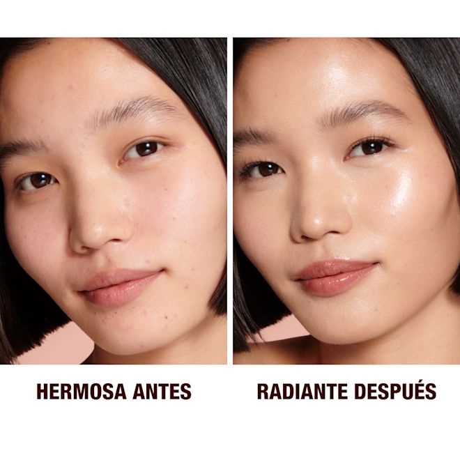 ES-US HFF2.5-B&A Close-up of a before and after of a light-tone model wearing smokey fawn eye makeup with a glow-boosting primer that blurs her pores and makes skin look flawless.