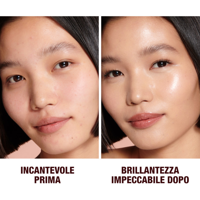 Close-up of a before and after of a light-tone model wearing smokey fawn eye makeup with a  glow-boosting primer that blurs her pores and makes skin look flawless. 