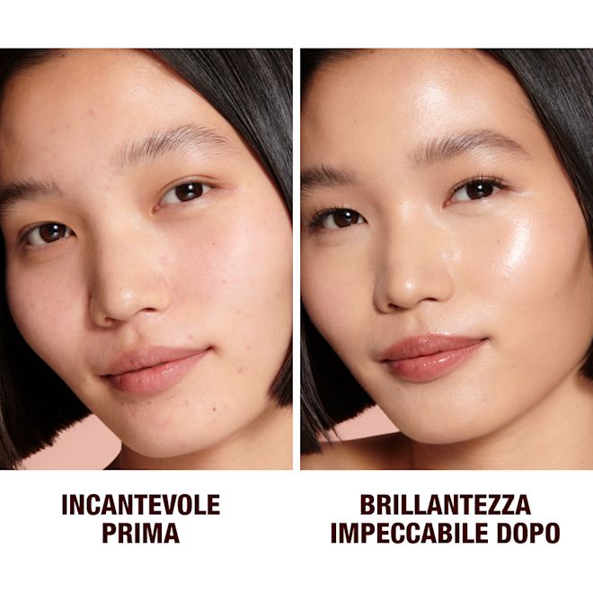 IT HFF2.5-B&A Close-up of a before and after of a light-tone model wearing smokey fawn eye makeup with a glow-boosting primer that blurs her pores and makes skin look flawless.