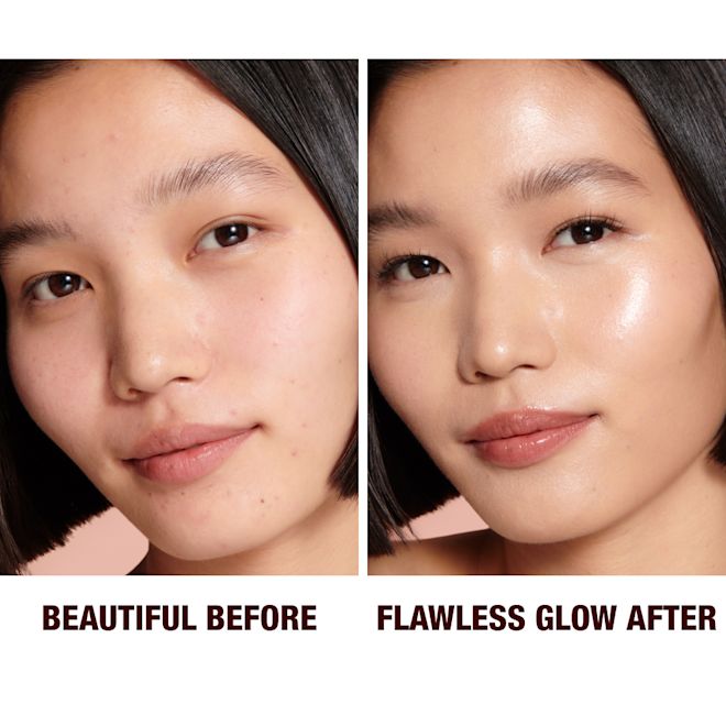 Hollywood Flawless Filter in shade 2.5 before and after on light-tone model Close-up of a before and after of a light-tone model wearing smokey fawn eye makeup with a glow-boosting primer that blurs her pores and makes skin look flawless.