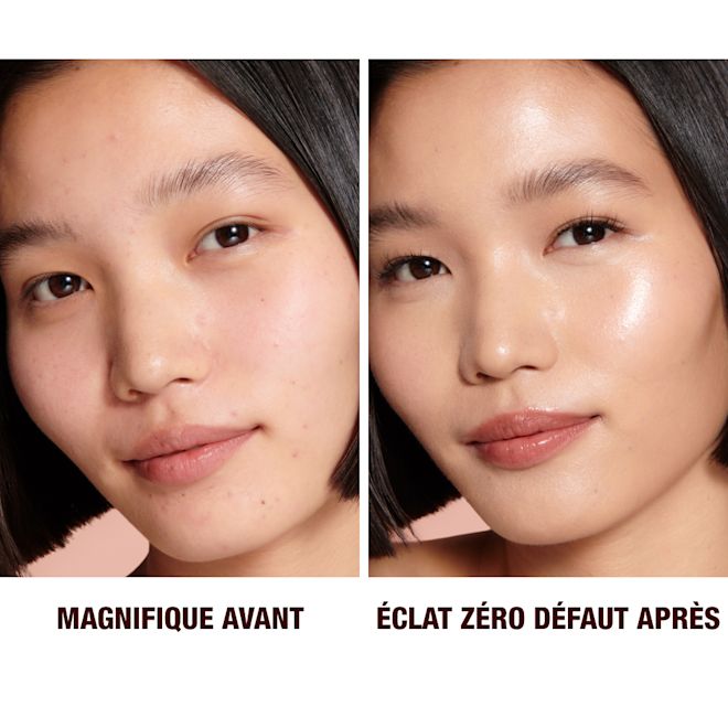 FR-CA HFF2.5-B&A Close-up of a before and after of a light-tone model wearing smokey fawn eye makeup with a glow-boosting primer that blurs her pores and makes skin look flawless.