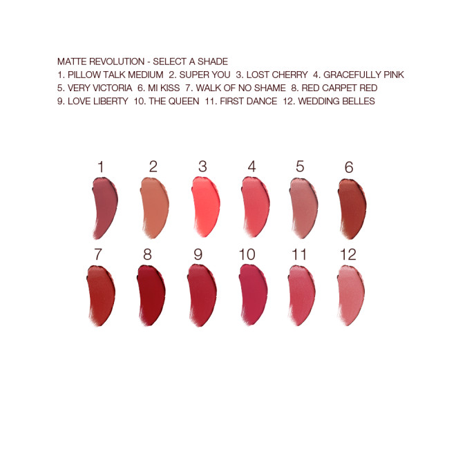 Swatches of twelve lipsticks with a matte finish in shades of red, brown, peach, orange, pink, and purple. 