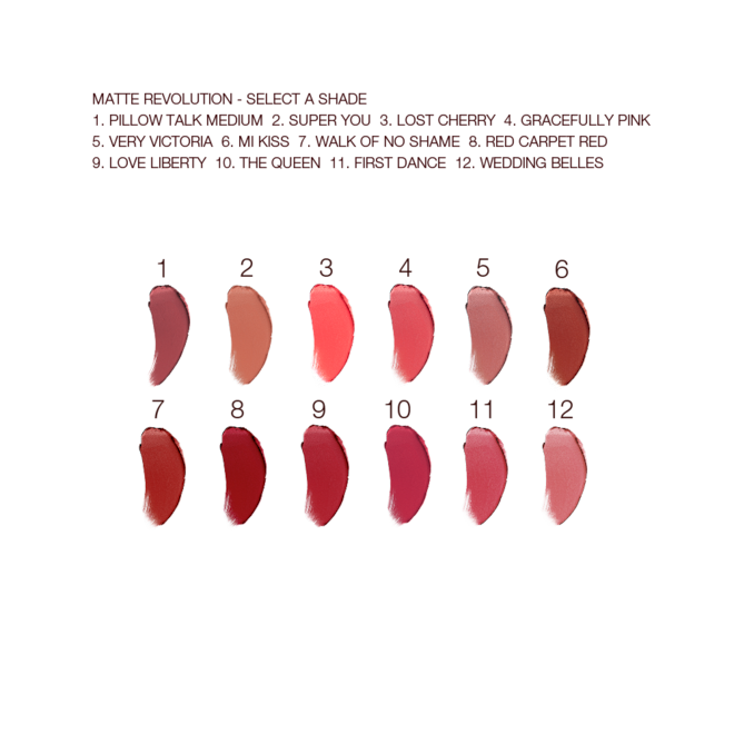 Matte Revolution Swatches Swatches of twelve lipsticks with a matte finish in shades of red, brown, peach, orange, pink, and purple.