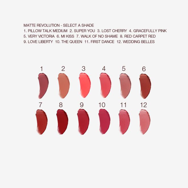 Matte Revolution Swatches Swatches of twelve lipsticks with a matte finish in shades of red, brown, peach, orange, pink, and purple.