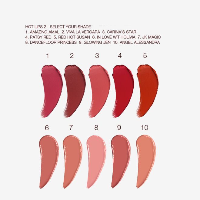Hot Lips 2 collection swatches Swatches of ten lipstick in muted shades of pink, beige, red, brown, and purple.
