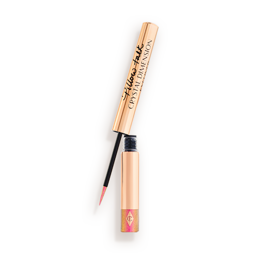 Pillow Talk Crystal Dimension Eyeliner open Glittery vivid, rose pink eyeliner in a gold-coloured tube with a black and gold-coloured, thin eyeliner wand.