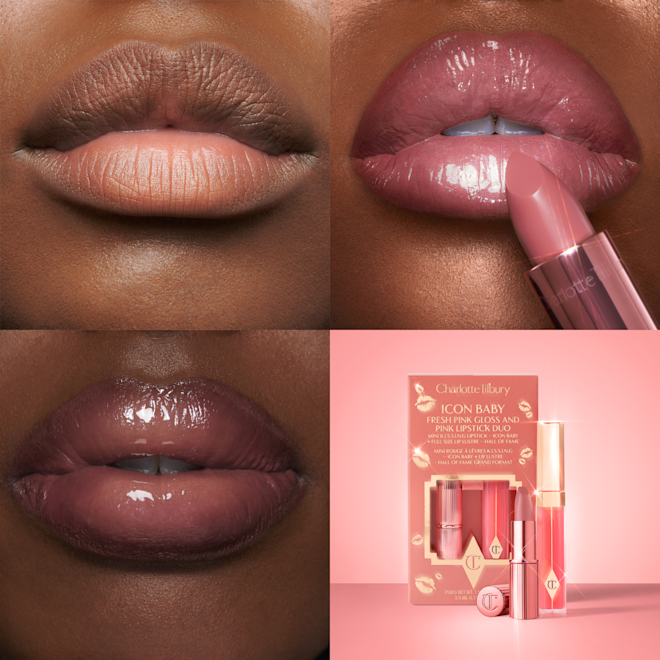 Lip Gloss & Mini Lipstick Kit in Icon Baby on deep skin tone model Lip Gloss & Mini Lipstick Kit in Icon Baby on deep skin tone model