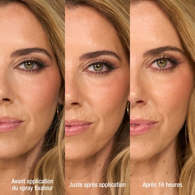 Infographie du B&A Setting Spray Original Airbush Flawless Setting Spray avant, fraîchement appliqué et après 16 heures