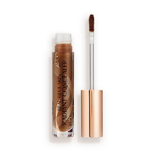 Beautiful Skin concealer in 16 open Dark brown radiant concealer in a glass tube with its gold-coloured lid with a doe-foot end next to it, and text on the tube that reads, 'Beautiful Skin Concealer'