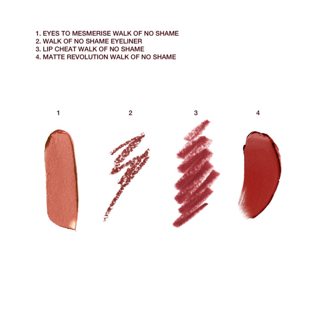 Swatches of a lip liner pencil in a berry-pink shade, russet-gold cream eyeshadow, eyeliner pencil in a coppery russet shade, and lipstick in a berry-pink shade.