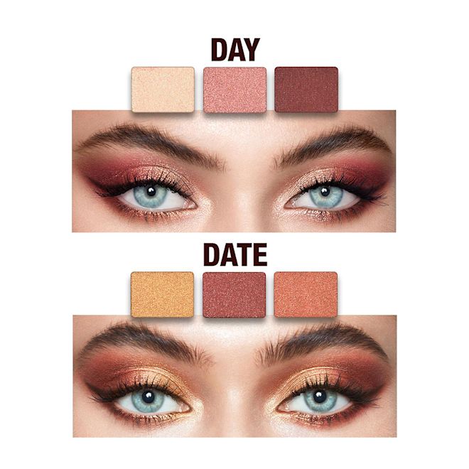 The Icons Palette Day and Date look on model with blue eyes close-up Close-up of two eye looks on blue eyes, one a rose gold and redwood colour, the other a shimmery smokey brown and copper.