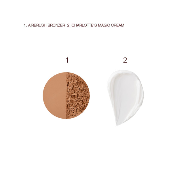 Swatches of a powder bronzer in a medium-brown shade and a thick, pearly-white face cream. 
