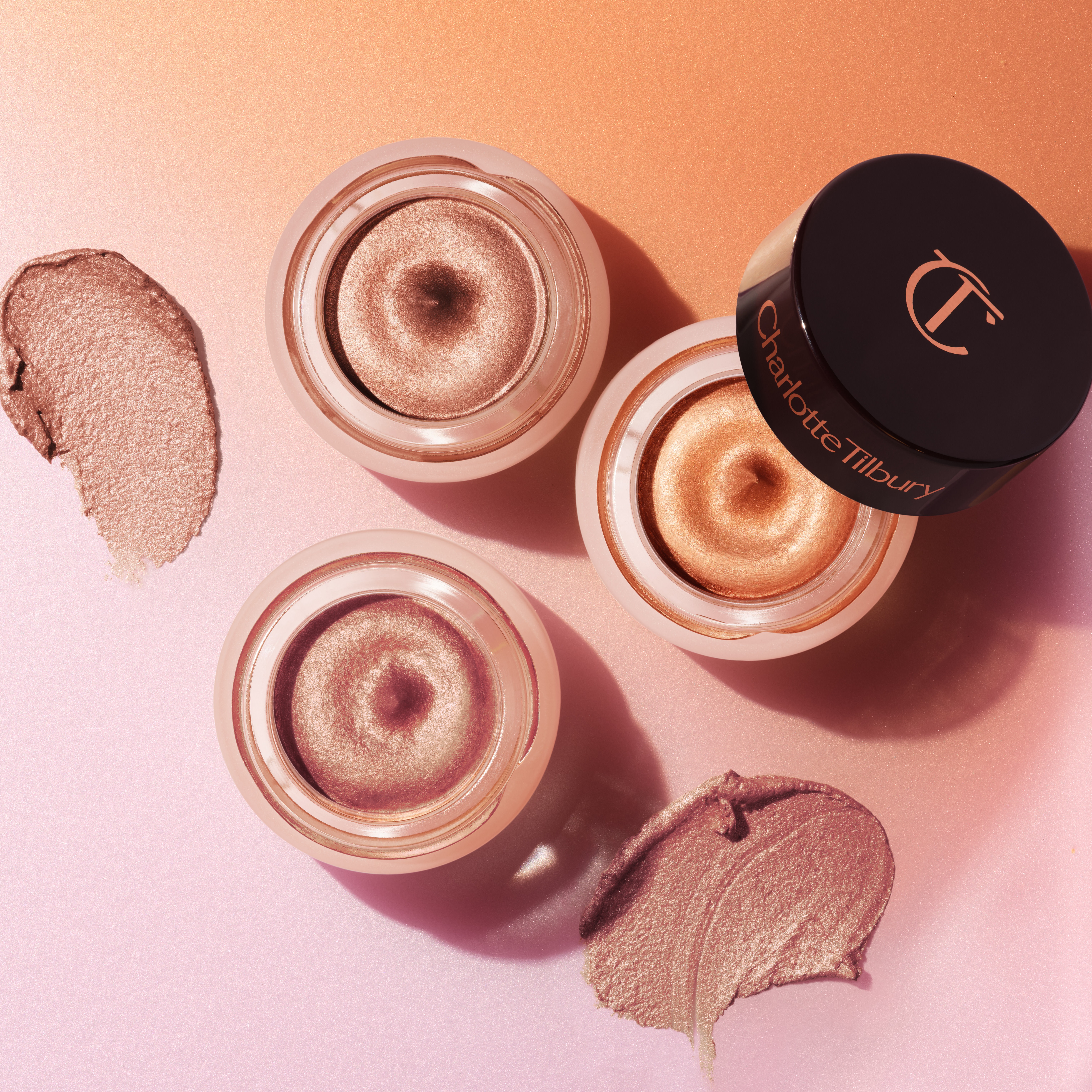 Three shades of Charlotte's Eyes to Mesmerise shimmering cream eyeshadows perfect for simple eye makeup looks