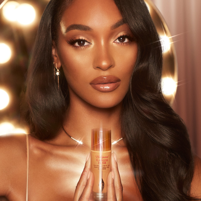 Jourdan Dunn wearing a glowy Hollywood-inspired evening makeup look using Hollywood Flawless Filter