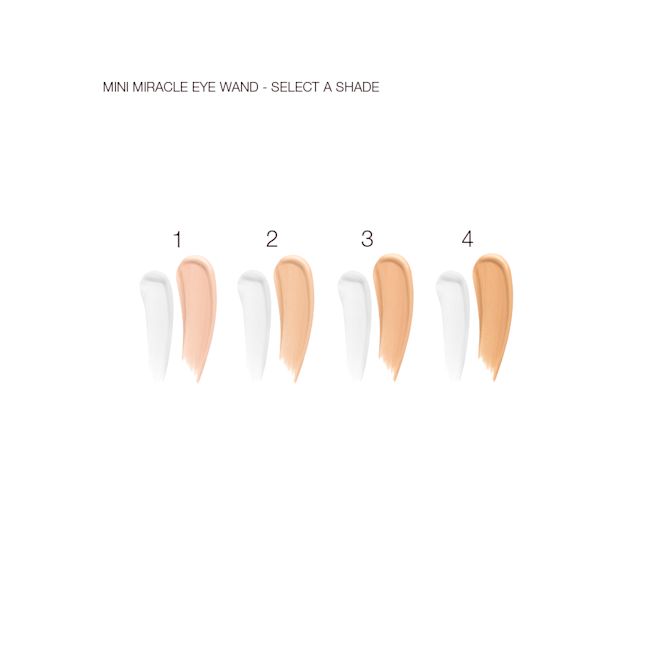 Mini Miracle Eye Wand Shade Swatches Swatches of double-sided concealer in four different shades for fair, light, medium, and deep skin tones.