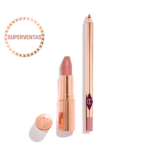 ES PTLIPKIT-LEGENDARY-PDP An open nude pink lipstick in a gold-coloured tube and lip liner pencil in a nude pink shade.