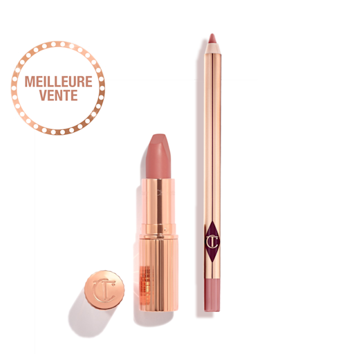 FRCA PTLIPKIT-LEGENDARY-PDP An open nude pink lipstick in a gold-coloured tube and lip liner pencil in a nude pink shade.