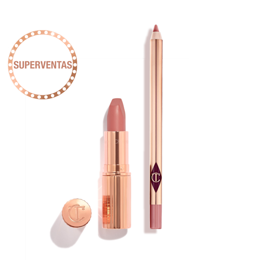 ES PTLIPKIT-LEGENDARY-PDP An open nude pink lipstick in a gold-coloured tube and lip liner pencil in a nude pink shade.