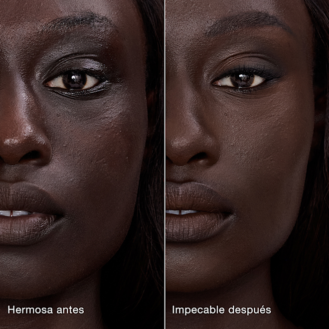Antes y después de usar Airbrush Flawless Concealer en el tono 17.5 Deep Comparación paralela que muestra la piel antes y después de aplicar el corrector Charlotte Tilbury Airbrush Flawless Concealer con las etiquetas de texto "Preciosa antes", "Impecable después".