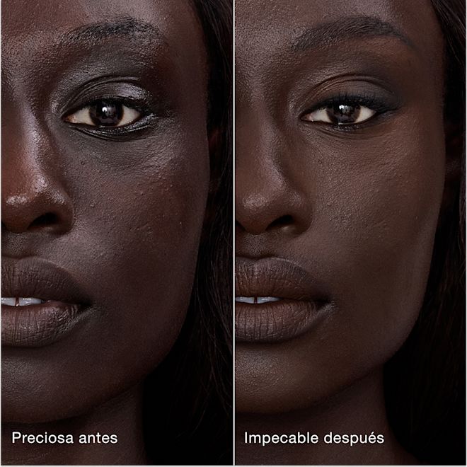 Modelo antes de usar Airbrush Flawless Concealer en el tono 17.5 Deep Comparación paralela que muestra la piel antes y después de aplicar el corrector Charlotte Tilbury Airbrush Flawless Concealer con las etiquetas de texto «Preciosa antes» y «Perfecta después».