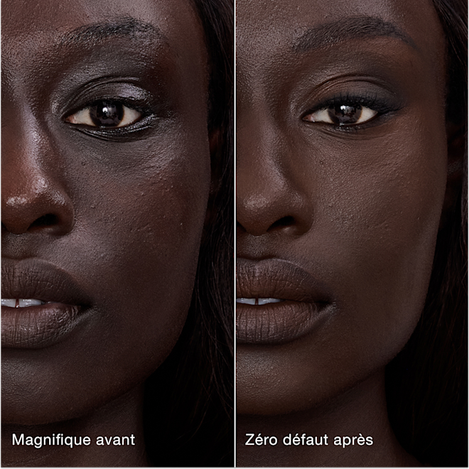 Avant/après Airbrush Flawless Concealer - 17.5 Deep (Foncé) Comparaison côte à côte de la peau avant et après l'application de l'Airbrush Flawless Concealer de Charlotte Tilbury, avec les étiquettes de texte « Magnifique avant » et « Zéro défaut après ».