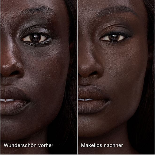 Airbrush Flawless Concealer − 17.5 Deep – vorher und nachher Ein direkter Vergleich zeigt die Haut vor und nach dem Auftragen des Charlotte Tilbury Airbrush Flawless Concealers mit den Beschriftungen „Wunderschön vorher“ und „Makellos nachher“.