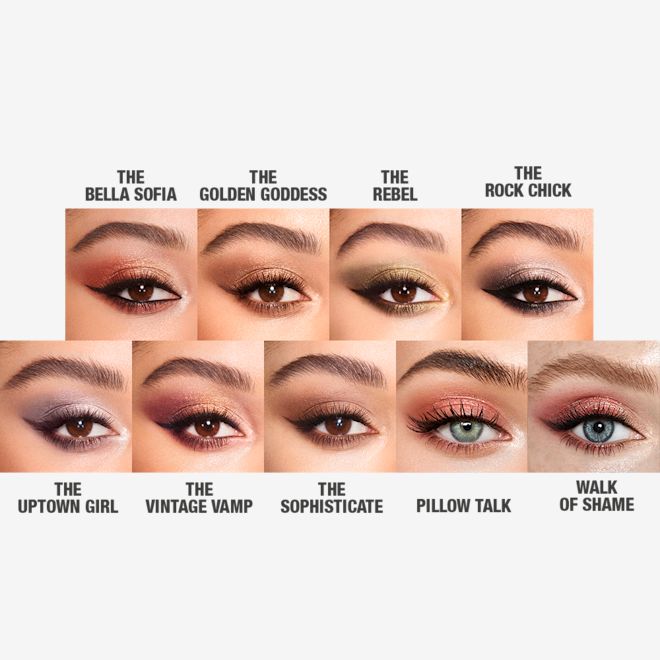 Luxury Palette eye looks single-eye close-up Single-eye close-up of nine different eye looks on brown and blue eyes in shimmery and smokey shades of brown, golden, rose gold, lilac, green, pink, plum, and grey.