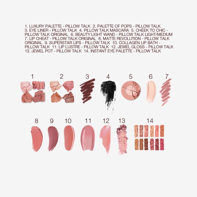 PIllow Talk Dreams Come True Box swatches Swatches of two quad eyeshadow palettes with matte and shimmery jewel tones, brown eyeliner pencil, black mascara, two-tone blush in rose gold and champagne, liquid highlighter in champagne, lip liner pencil in nude pink, matte lipstick in nude pink, lipstick lip balm in nude pink, three lip glosses in nude shades of pink, shimmery cream eyeshadow in rose gold, and twelve eyeshadows in shades of pink, brown, purple, gold, and peach.