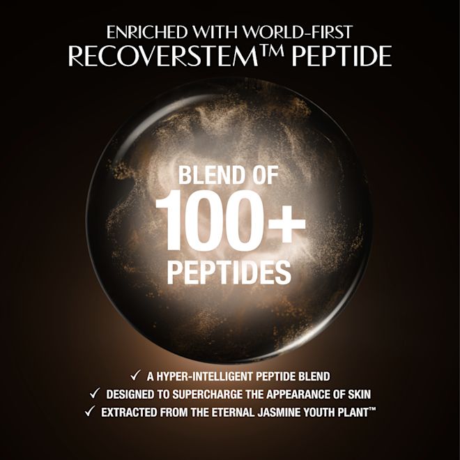 Magic Cream - peptides infographic Dark, luxurious background featuring a glowing circular motif behind a central product area. Text at the top reads: ‘Enriched with world-first Recoverstem™ Peptide.’ At the bottom, three check‑marked statements highlight key benefits: ‘A hyper‑intelligent peptide blend,’ ‘Designed to supercharge the visible signs of skin recovery,’ and ‘Extracted from the stem cells of the Eternal Jasmine Youth Plant™.