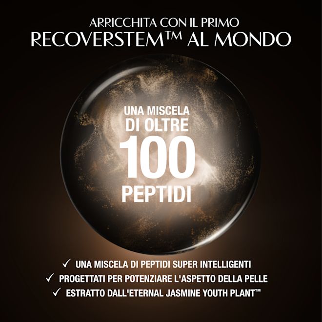 Magic Cream - infografica sui peptidi Sfondo scuro di lusso con un motivo circolare luminoso dietro un'area prodotto centrale. Testo in alto: "Arricchita con il primissimo peptide Recoverstem™". Nella parte inferiore, tre affermazioni con segno di spunta evidenziano i benefici principali: "Una miscela di peptidi ultra‑intelligente", "Progettata per potenziare i segni visibili del recupero della pelle" e "Estratto dalle cellule staminali dell'Eternal Jasmine Youth Plant™".