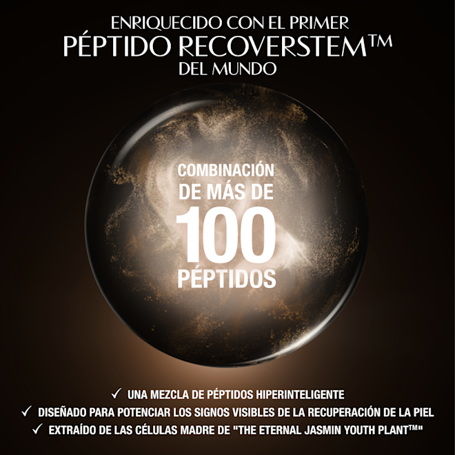 Infografía de Magic Cream sobre péptidos Fondo oscuro y lujoso con un motivo circular resplandeciente detrás de una zona de producto central. El texto en la parte superior dice: "Enriquecido con el primer péptido Recoverstem™ del mundo". En la parte inferior, tres declaraciones marcadas destacan los beneficios clave: "Una combinación de péptidos hiperinteligente", "Diseñada para potenciar los signos visibles de recuperación de la piel" y "Extraída de las células madre de la Eternal Jasmine Youth Plant™.