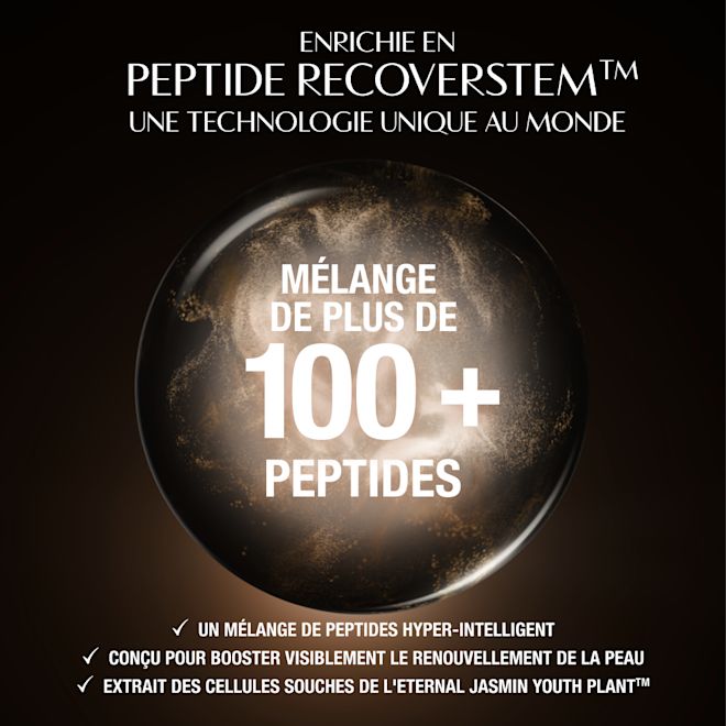 Magic Cream - Infographie sur les peptides Fond sombre et luxueux présentant un motif circulaire lumineux derrière une zone de produit centrale. Le texte en haut décrit: « Enrichie en peptide Recoverstem™, une technologie unique au monde ». En bas, trois mentions cochées soulignent les principaux bienfaits : « Un mélange peptidique hyper-intelligent », « Conçue pour stimuler les signes visibles de la régénération cutanée » et « Extrait des cellules souches de l'Eternal Jasmine Youth Plant™ ».