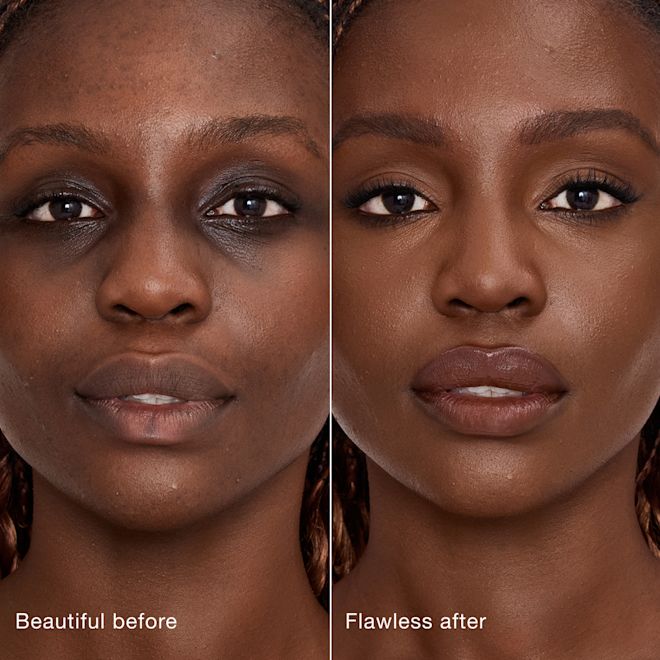 Airbrush Flawless Concealer - 15 Deep before and after Side-by-side comparison showing skin before and after applying Charlotte Tilbury Airbrush Flawless Concealer, with text labels 'Beautiful before' and 'Flawless after'.