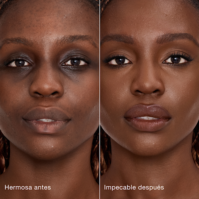 Antes y después de usar Airbrush Flawless Concealer en el tono 15 Deep Comparación paralela que muestra la piel antes y después de aplicar el corrector Charlotte Tilbury Airbrush Flawless Concealer con las etiquetas de texto "Preciosa antes", "Impecable después".