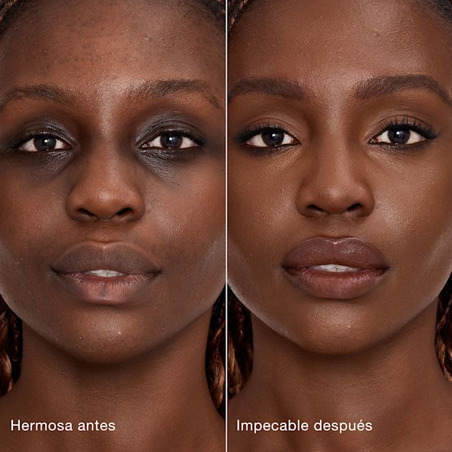 Antes y después de usar Airbrush Flawless Concealer en el tono 15 Deep Comparación paralela que muestra la piel antes y después de aplicar el corrector Charlotte Tilbury Airbrush Flawless Concealer con las etiquetas de texto "Preciosa antes", "Impecable después".