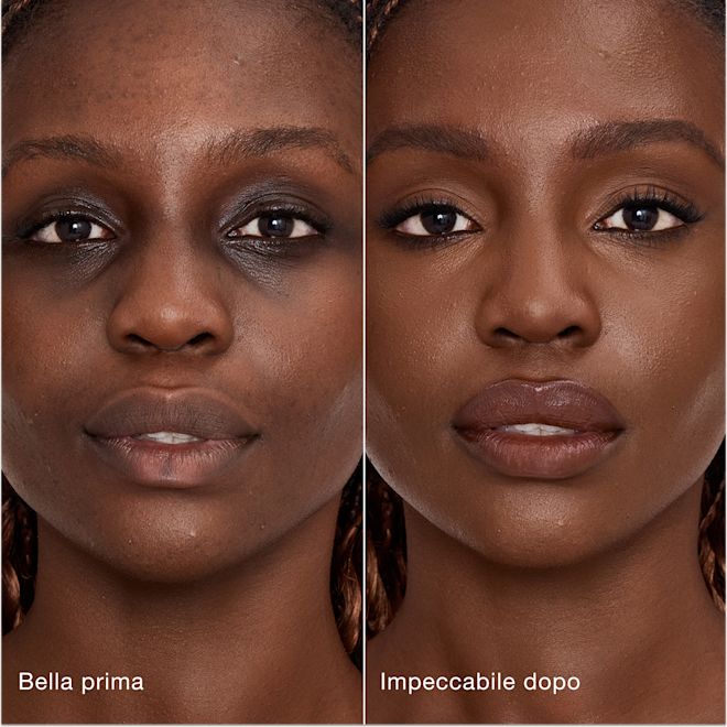 Airbrush Flawless Concealer - 15 Deep modella prima e dopo Confronto affiancato che mostra la pelle prima e dopo aver applicato il correttore Airbrush Flawless di Charlotte Tilbury, con le etichette di testo "Bella prima" e "Impeccabile dopo".