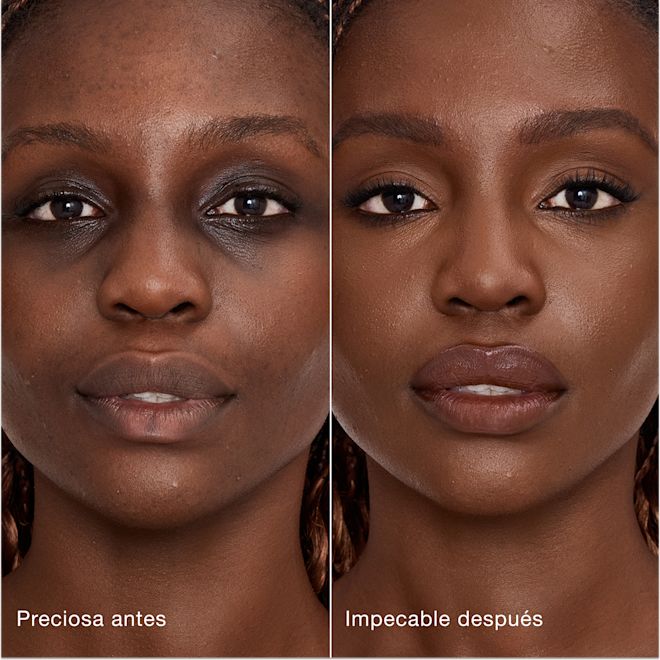 Antes y después de usar Airbrush Flawless Concealer en el tono 15 Deep Comparación paralela que muestra la piel antes y después de aplicar el corrector Charlotte Tilbury Airbrush Flawless Concealer con las etiquetas de texto «Preciosa antes» y «Perfecta después».